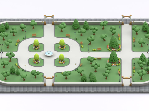 Cartoon Low Poly Modular Park Pack Model 3D