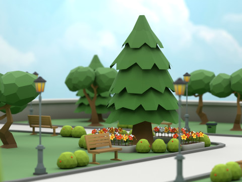 Cartoon Low Poly Modular Park Pack Model 3D
