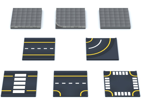 Cartoon Low Poly Modular Road City Floor Pack Modèle 3D