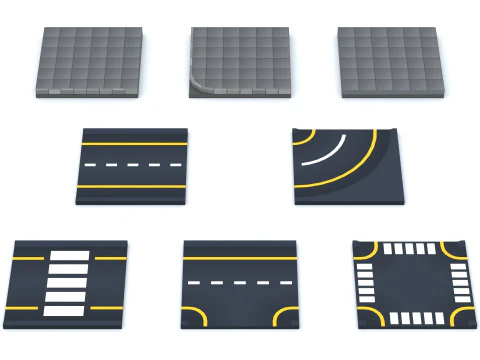 Pacote de piso urbano de estrada modular Low Poly de desenho animado Modelo 3D