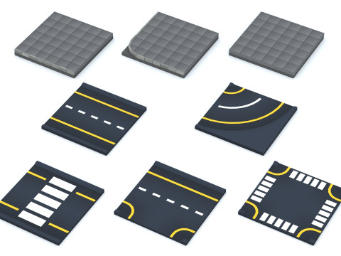 Cartoon Low Poly Modular Road City Floor Pack 3D 모델
