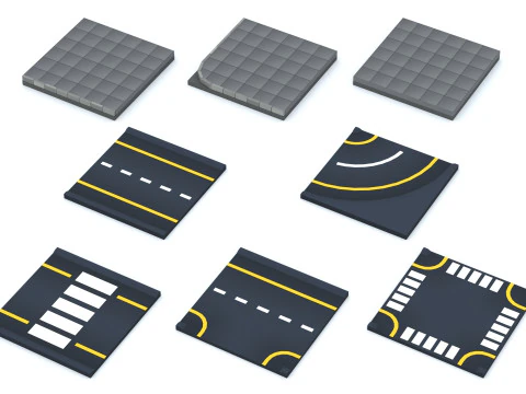 Cartoon Low Poly Modular Road City Floor Pack 3D Model