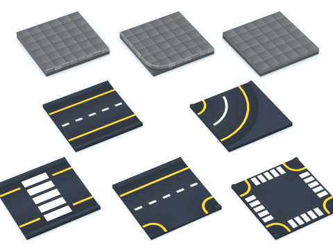 Cartoon Low Poly Modular Road City Floor Pack 3D 모델