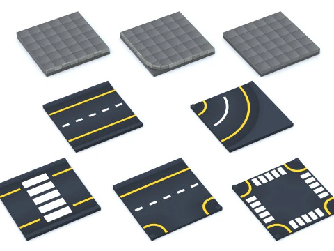 Cartoon Low Poly Modular Road City Floor Pack 3D Model
