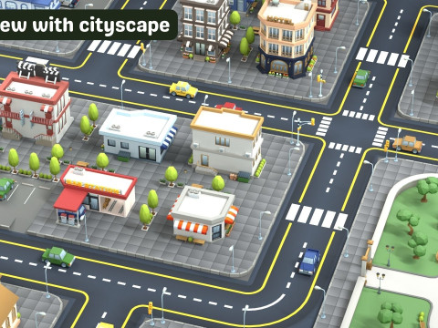 Cartoon Low Poly Modular Road City Floor Pack 3D 모델