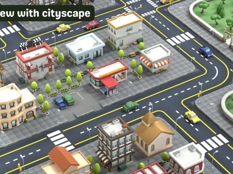 Cartoon Low Poly Modular Road City Floor Pack 3D Model
