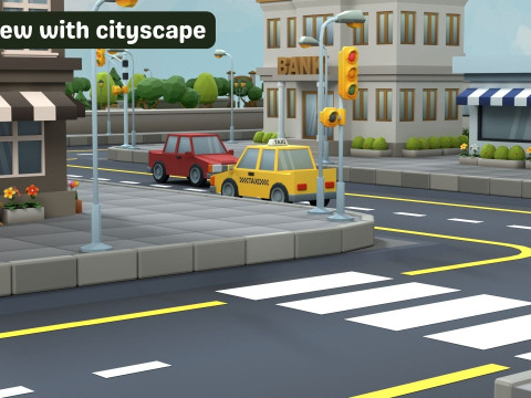 Cartoon Low Poly Modular Road City Floor Pack 3D 모델