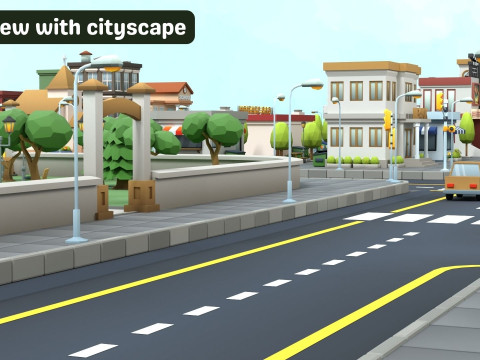 Cartoon Low Poly Modular Road City Floor Pack 3D 모델