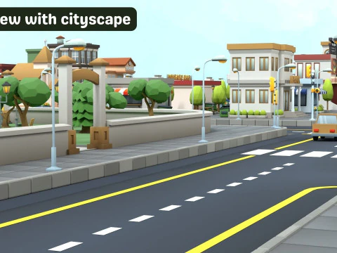 Cartoon Low Poly Modular Road City Floor Pack 3D Model