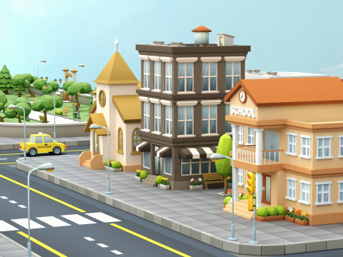 Cartoon Low Poly Modular City Pack Model 3D