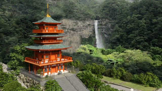 Pagoda and Nachi Falls OBJ FBX 3D Model .c4d .max .obj .3ds .fbx .stl .blend 