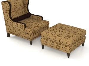 Century Wing Chair Pouf Set 3D Model