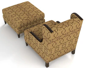 Century Wing Chair Pouf Set 3D Model