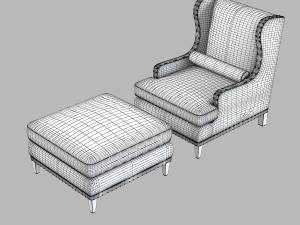 Century Wing Chair Pouf Set 3D 模型