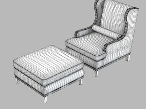 Century Wing Chair Pouf Set 3D Model