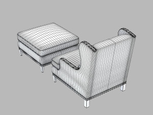 Century Wing Chair Pouf Set 3D 模型