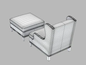 Century Wing Chair Pouf Set 3D Model
