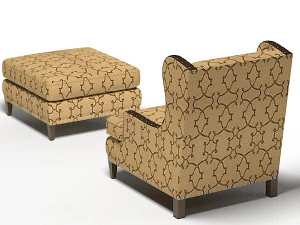 Century Wing Chair Pouf Set 3D Model