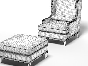 Century Wing Chair Pouf Set 3D 模型