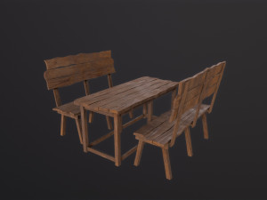 Wooden Table With Bench 3D 模型