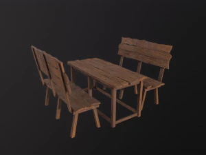Wooden Table With Bench 3D Model
