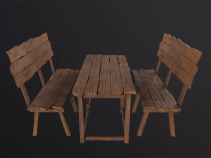 Wooden Table With Bench 3D Model