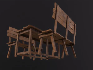 Wooden Table With Bench 3D Model