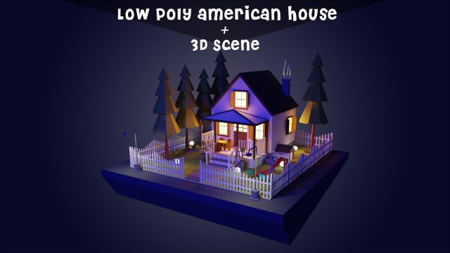 Low poly American house with 3D scene 3D Model .c4d .max .obj .3ds .fbx .stl .blend 