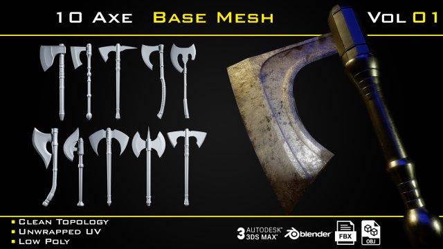 10 Axe BASE MESH - VOL 01 Game Ready 3D Модель .c4d .max .obj .3ds .fbx .stl .blend 