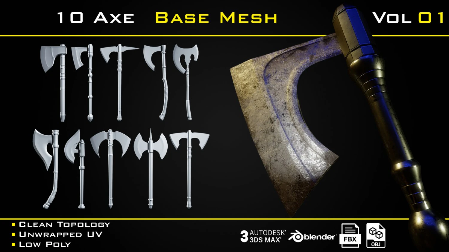 10 Axe BASE MESH - VOL 01 Game Ready 3D Model .c4d .max .obj .3ds .fbx .stl .blend 