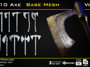 10 Axe BASE MESH - VOL 01 Game Ready Model 3D
