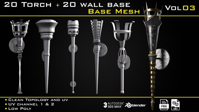 20 Torch with 20 wall base - BASE MESH - VOL 03 Game ready 3D Модель .c4d .max .obj .3ds .fbx .stl .blend 