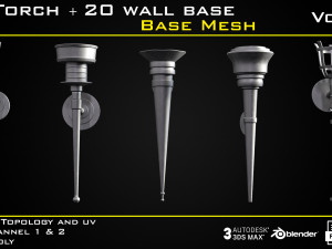 20 Torch with 20 wall base - BASE MESH - VOL 03 Game ready 3D Модель