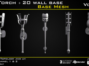 20 Torch with 20 wall base - BASE MESH - VOL 03 Game ready 3D Модель