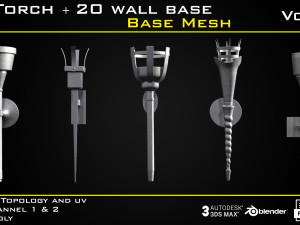 20 Torch with 20 wall base - BASE MESH - VOL 03 Game ready 3D Модель