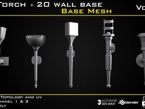 20 Torch with 20 wall base - BASE MESH - VOL 03 Game ready 3D Модель