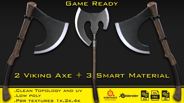 2 Axe - 3 Smart material - Game ready 3D Модель .c4d .max .obj .3ds .fbx .stl .blend 