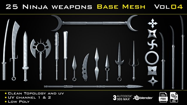 25 Ninja Weapons - BASE MESH - VOL04 Game ready Model 3D .c4d .max .obj .3ds .fbx .stl .blend 
