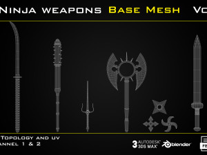 25 Ninja Weapons - BASE MESH - VOL04 Game ready Model 3D