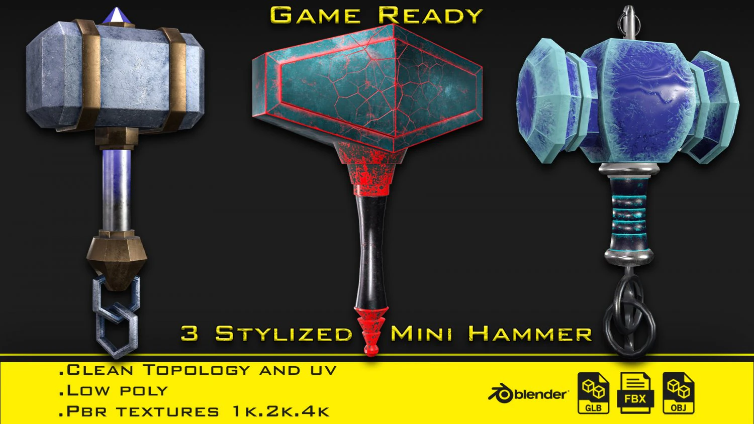 3 Stylized mini hammer - Game ready 3D Model .c4d .max .obj .3ds .fbx .stl .blend 