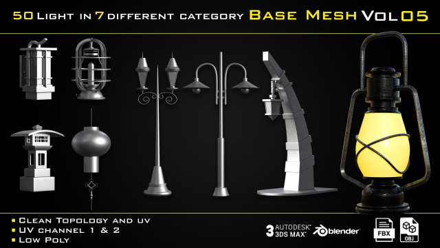 50 Light In 7 Different Category Base Mesh - Vol 05 Game Ready Modelo 3D .c4d .max .obj .3ds .fbx .stl .blend 