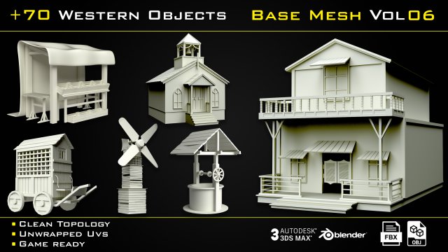 70 Western Object Base Mesh - Vol 06 3D Модель .c4d .max .obj .3ds .fbx .stl .blend 