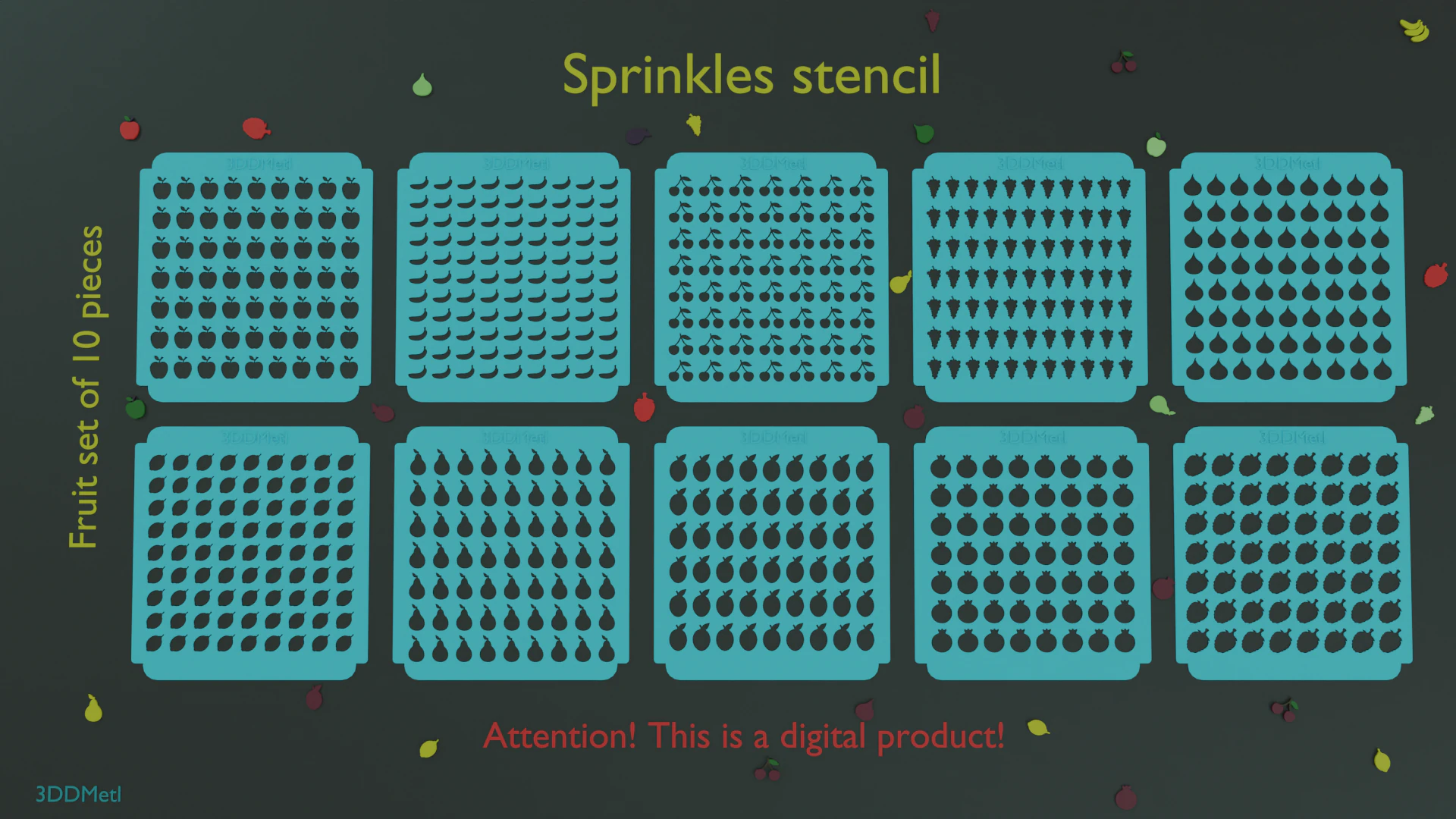 Sprinkle Stencil fruits Design Set of 10 pieces STL file for 3D printing 3D Print Model .c4d .max .obj .3ds .fbx .stl .blend 