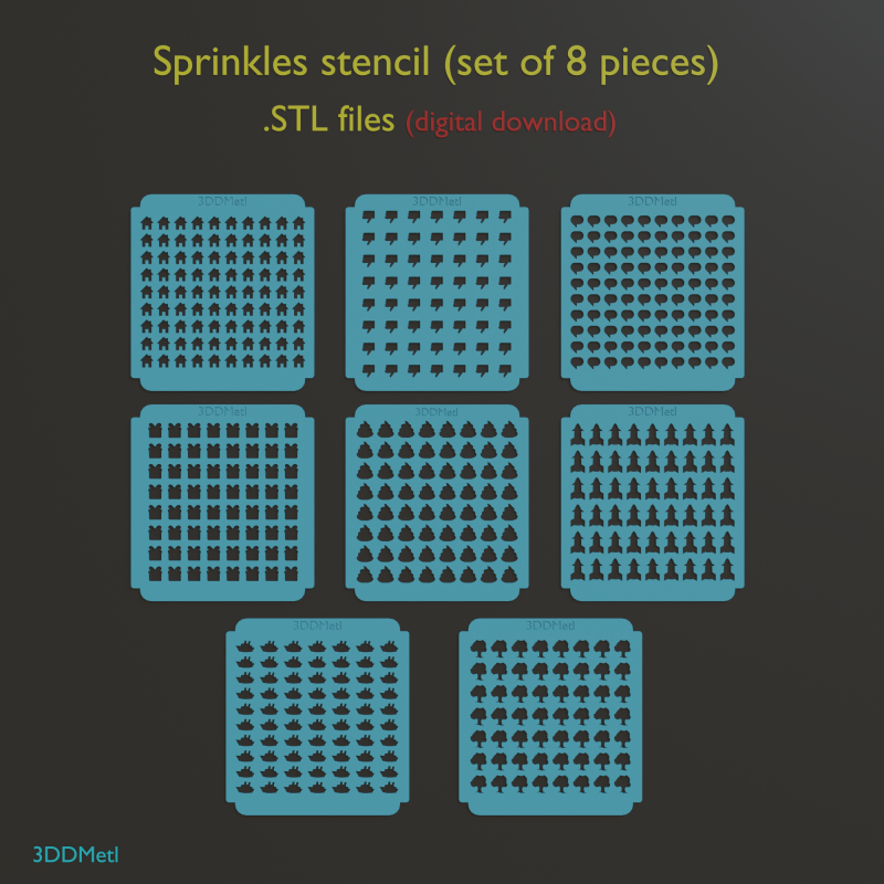 Sprinkles Stencil set 0f 8 pieces STL files for 3D printing Modello di stampa 3D .c4d .max .obj .3ds .fbx .stl .blend 