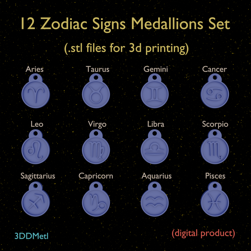 12 Zodiac Signs Medallions Set stl files for 3d printing 3D Принт Модель .c4d .max .obj .3ds .fbx .stl .blend