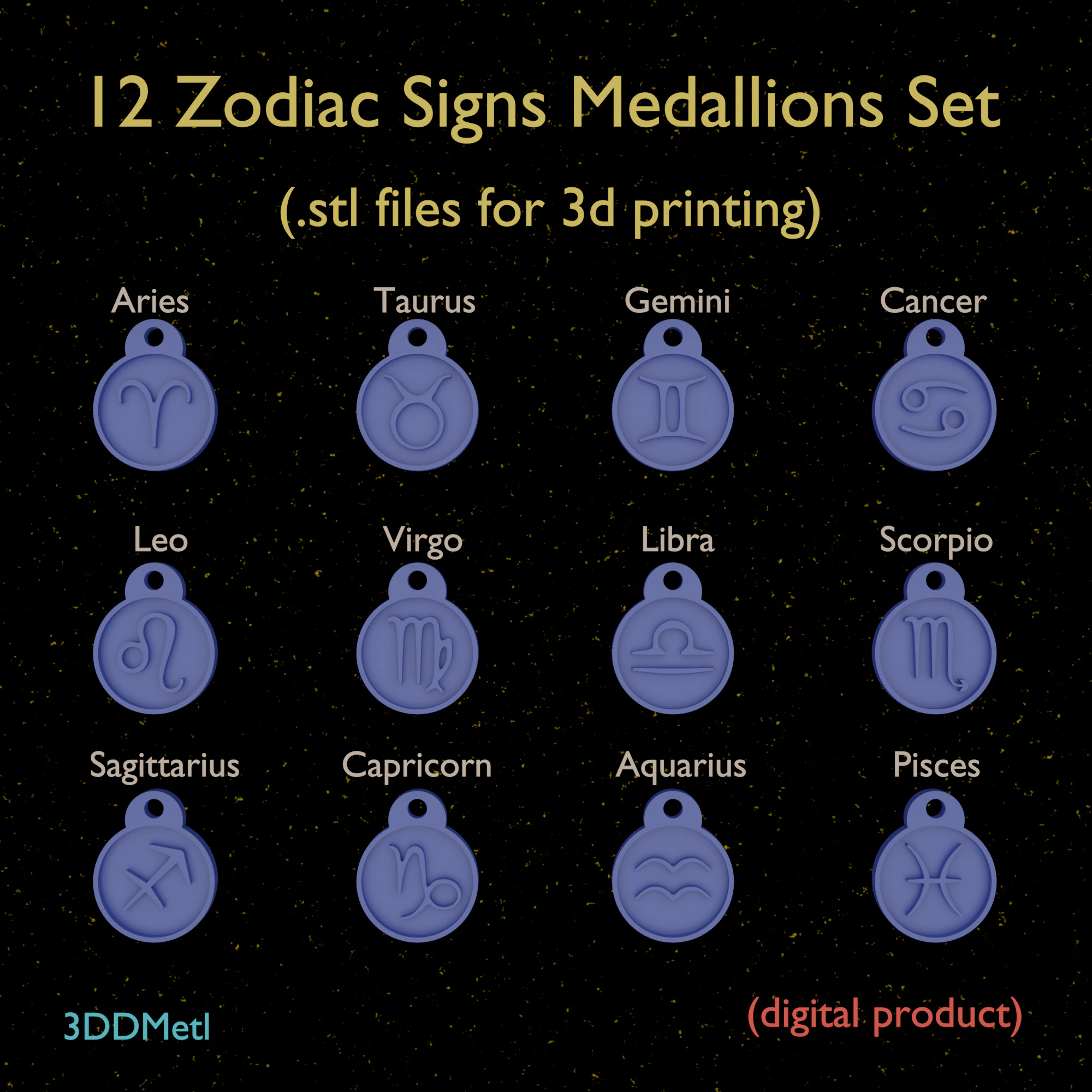 12 Zodiac Signs Medallions Set stl files for 3d printing 3D Print Model .c4d .max .obj .3ds .fbx .stl .blend 