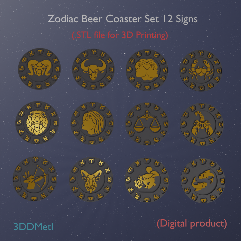 Zodiac Beer Coaster Set 12 Signs STL files for 3d printing 3D 打印模型 .c4d .max .obj .3ds .fbx .stl .blend