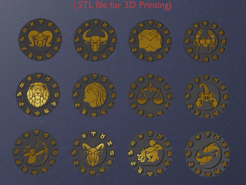 Zodiac Beer Coaster Set 12 Signs arquivos STL para impressão 3D Modelo de Impressão 3D