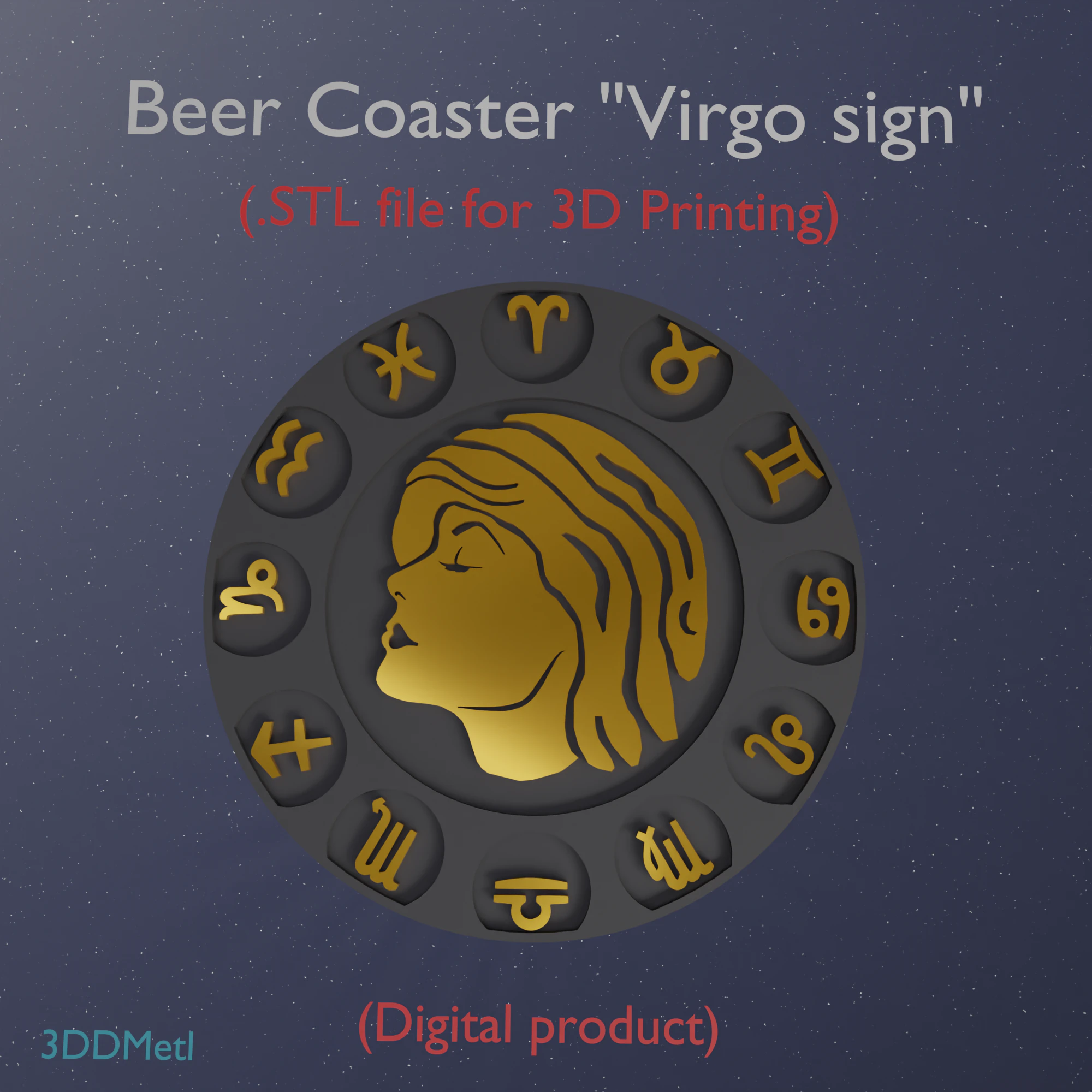Beer Coaster VIRGO STL file for 3d printing 3D Print Model .c4d .max .obj .3ds .fbx .stl .blend 