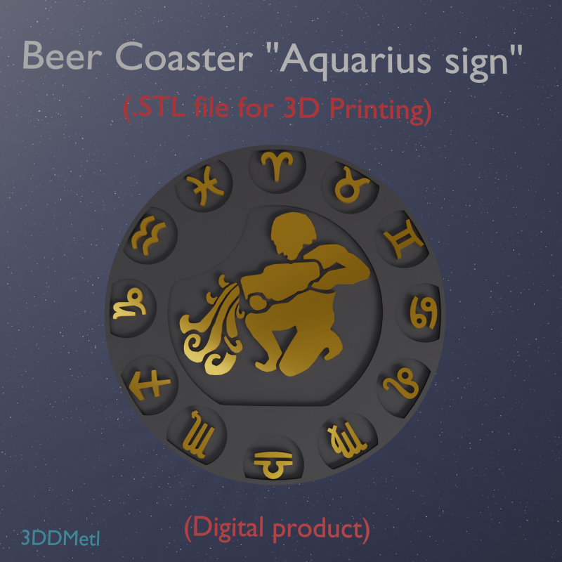 Beer Coaster AQUARIUS STL file for 3d printing Modèles 3D en vedette .c4d .max .obj .3ds .fbx .stl .blend